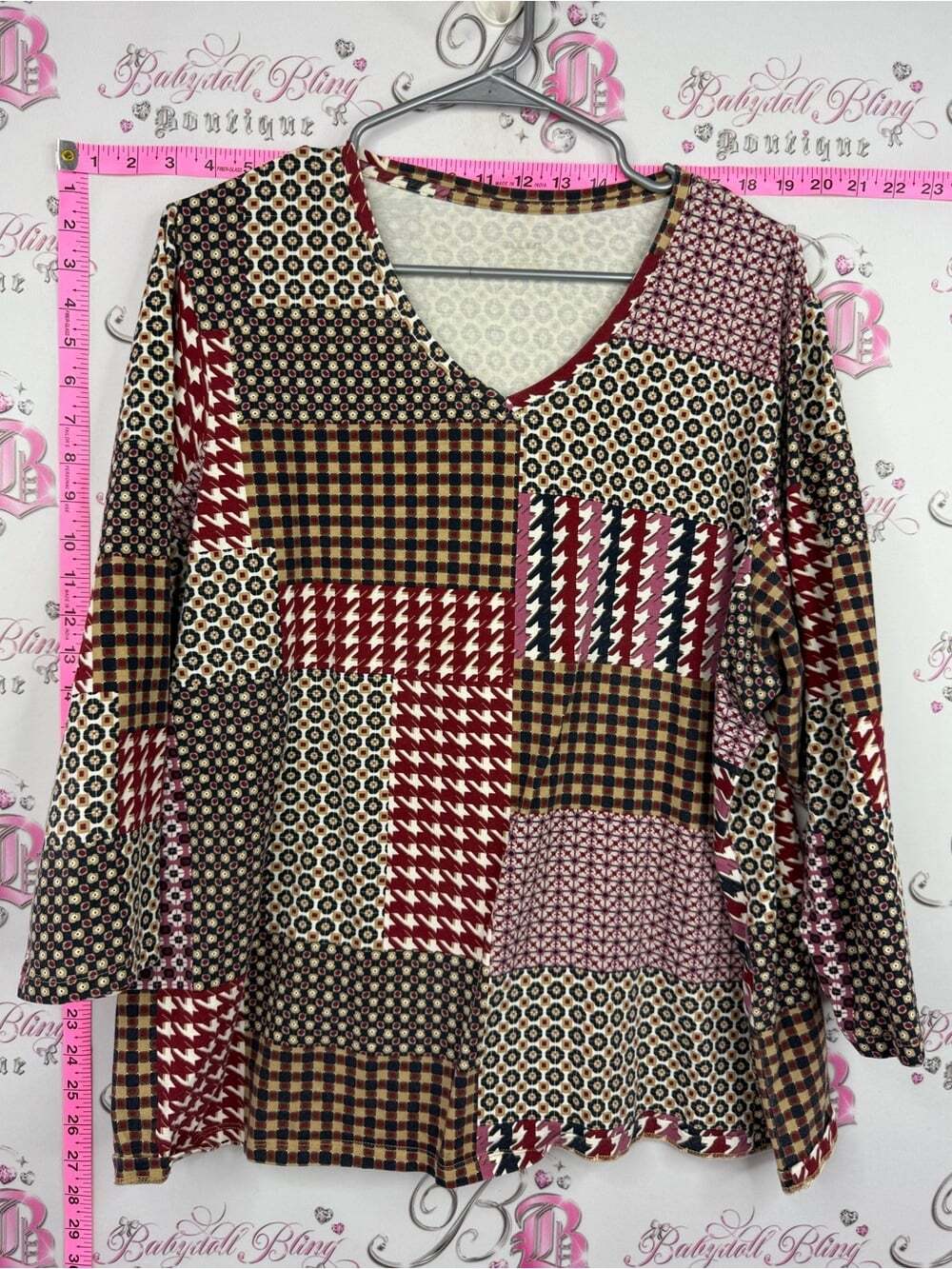 Alia long sleeve shirt top Patchwork V‑Neck Tunic in Red, Brown, Cream